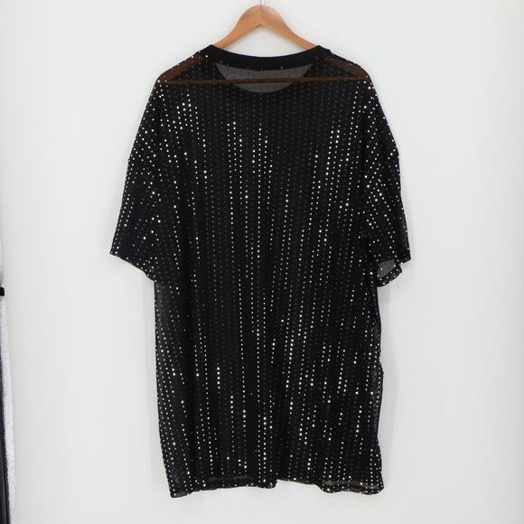 Black Mesh Sequin Tunic Dress Oversized Sheer T-Shirt Mini Clubwear One Size - Picture 5 of 6